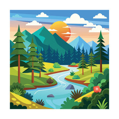 Fototapeta premium Beautiful River Landscape with Sunset, Mountains, and Forest Trees