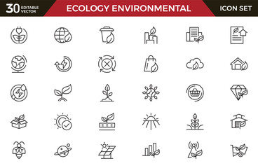 Ecology Environmental line icon set. Sustainable development, net zero, climate crisis, recycle, electric, global, warming, tsunami, acidification, melting line icon set. UI thin line icon pack.