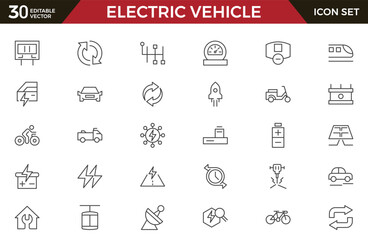 Electric Vehicle line icon set. EV, electric socket station, car plugged, battery, technology, home car charging, power station, taxi, road, race, automobile line icon set. Ui thin line icon pack.