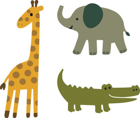 set of funny cartoon animals_giraffe,elephant and crocodile vector illustration perfect for children education purposes
