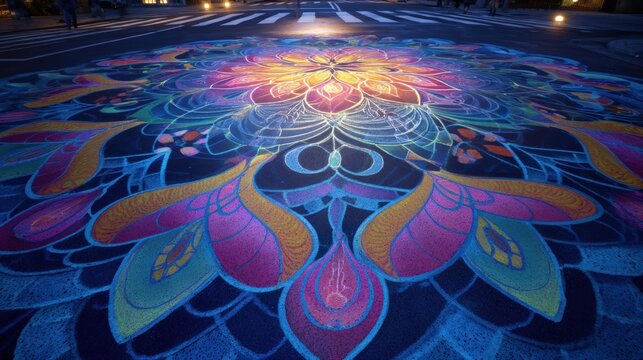 Vibrant Mandala Street Art Design Painted on Asphalt at Night - Powered by Adobe