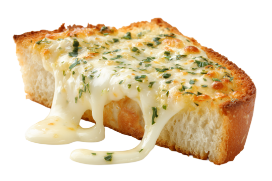 Close-up of a slice of delicious garlic bread with melted cheese, herbs and a crispy texture. The cheese is stringy, appetizing, and flavorful