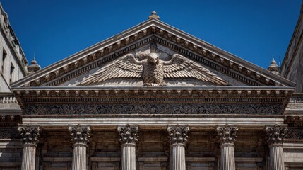Obraz premium Stone eagle sculpture decorates a building pediment under a clear blue sky.