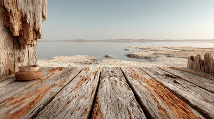 Wooden deck overlooking a calm expanse of water and barren land beyond.