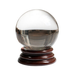 Large clear crystal ball on dark wooden base
