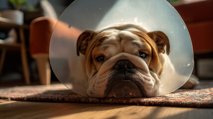 Sad Bulldog Wearing a Protective Cone Resting on a Rug in a Cozy Living Room - Image Made Using Generative AI