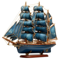 A close-up of a lacquered wood ship model of a clipper vessel displayed on a stand, isolated on white background