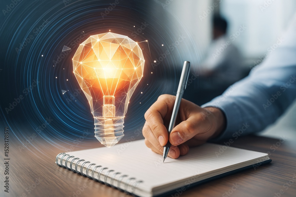 Poster Person writing in notebook with glowing abstract light bulb symbolizing creativity and innovation on futuristic background in office setting.