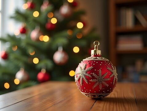 Christmas Ornament on Wooden Table with Christmas Tree Background in Home