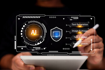 A person interacts with a tablet displaying futuristic AI interface options for text generation,...
