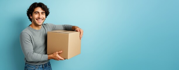 Smiling young man holding a cardboard box against a light blue background with copyspace for advertising, promotion, or creative design template.
