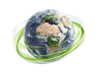 Earth surrounded by green energy swirls