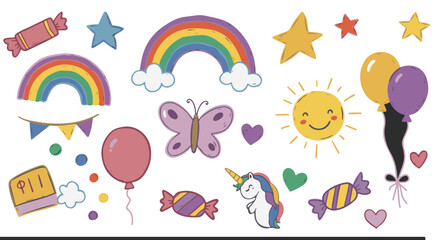 Delightful whimsical rainbow unicorns balloons stars and candy children's party design elements