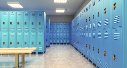 Bright blue lockers in a spacious school locker room 3d