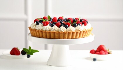 Elegant fruit tart with fresh berries and delicate cream on a pedestal stand
