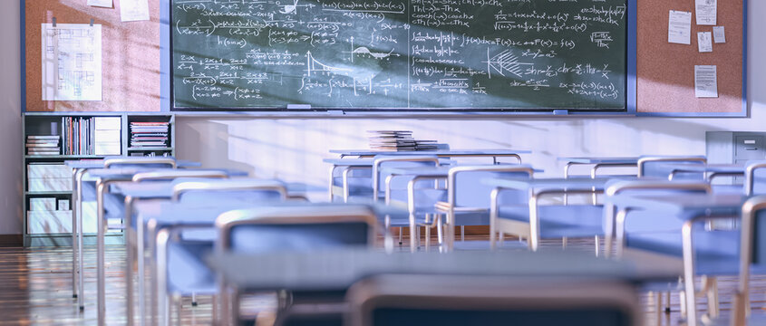 Empty classroom with math equations on chalkboard 3d