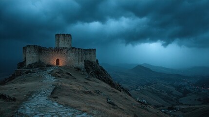Obraz premium An ancient castle stands guard on a hilltop beneath a stormy dark blue sky