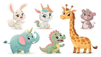 Naklejka premium A collection of six separate, colorful, and highly stylized cartoon animal illustrations. From top left, clockwise, they are: a happy white bunny, a cute unicorn with a rainbow mane and horn.
