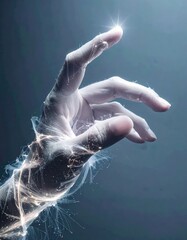 Editorial AI Generated - A surreal and ethereal image of a human hand with glowing fibers and sparkles emanating from the fingertips creating a mystical and otherworldly atmosphere overall.