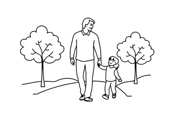 Father and daughter walking together holding hands in the park family time