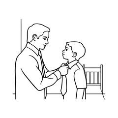 Father helping his son tie a necktie preparing for school in a line drawing