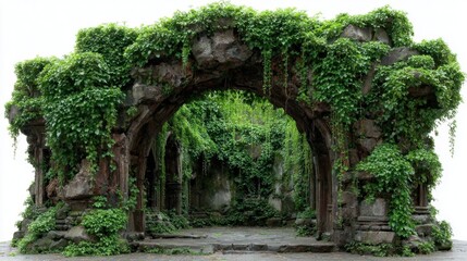 Fototapeta premium Ancient stone archway covered in green foliage stands against white background.
