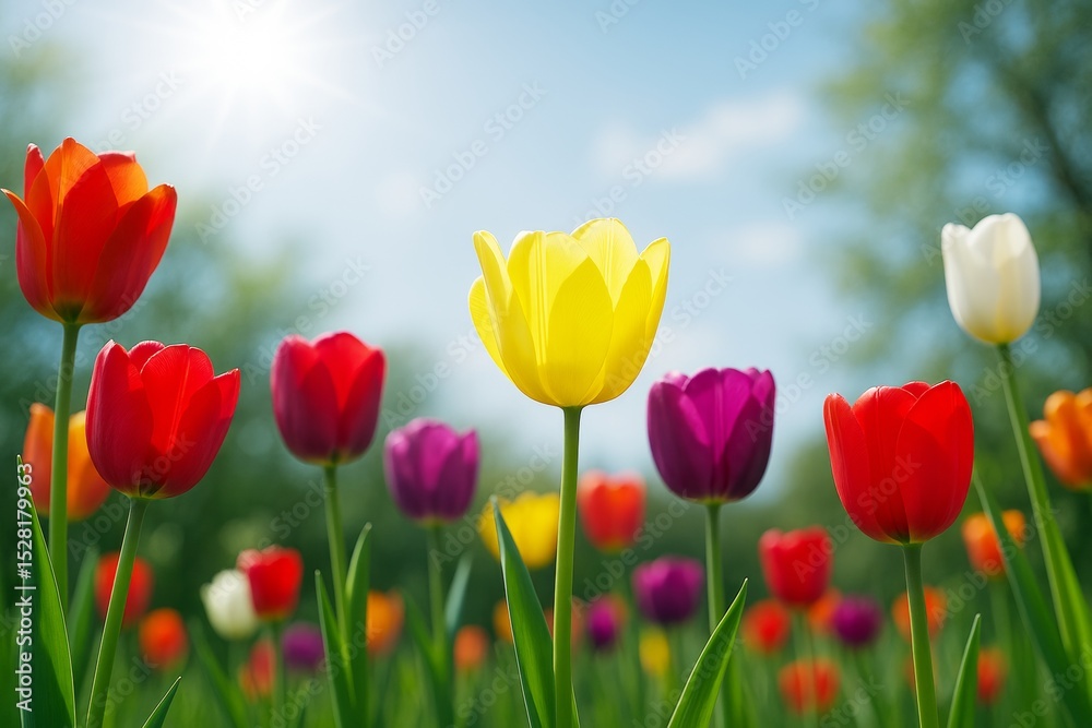 Poster bright multicolored tulips blooming in a sunny spring garden with a yellow tulip in focus against a 