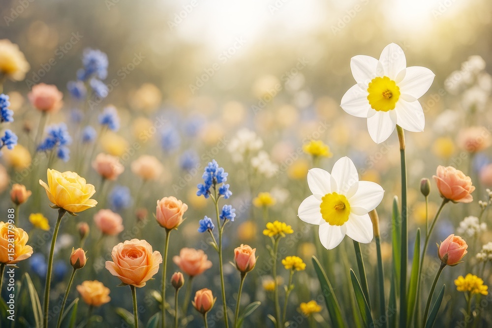 Poster blooming spring flower meadow with daffodils and roses under soft sunlight on warm dreamy background