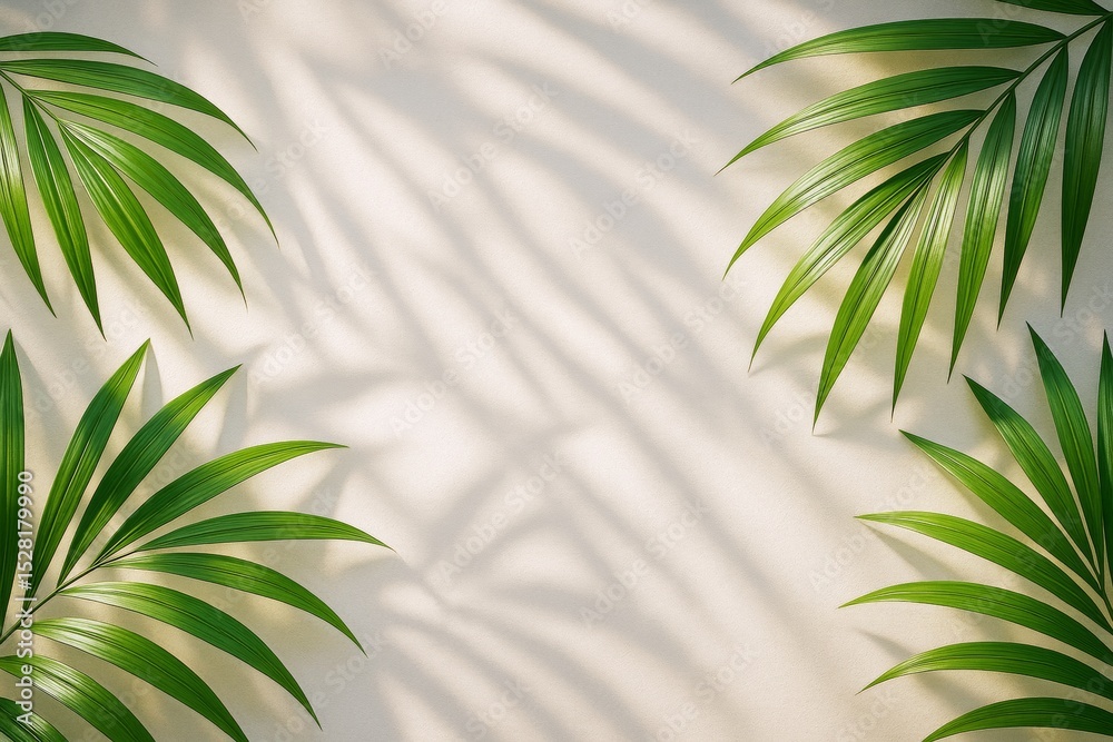 Poster tropical palm leaves casting shadows on beige wall background with soft natural sunlight, minimalist