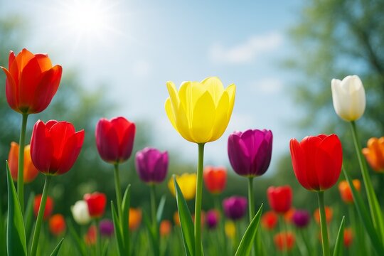 Bright multicolored tulips blooming in a sunny spring garden with a yellow tulip in focus against a soft nature background under clear blue sky.