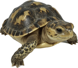 A charming turtle with a striking brown and yellow patterned shell, attentive eyes, and extended front legs, perfectly captured on a transparent background.
