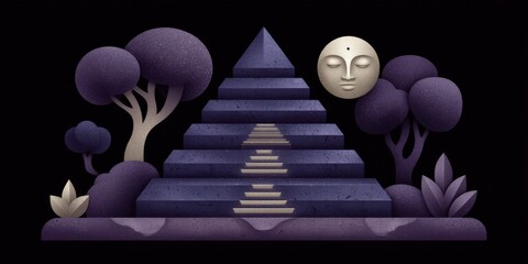 A serene illustration depicting a mystical pyramid surrounded by stylized purple trees and a calm lunar face creating an ambiance of tranquility and reflection in a meditative landscape