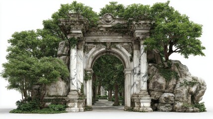 Naklejka premium An old marble archway covered in foliage creates an inviting entrance.