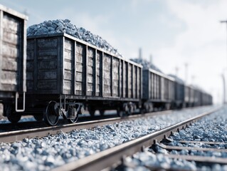 Obraz premium Freight train wagons loaded with crushed stone on railway track in winter