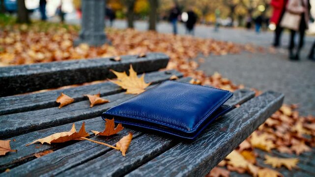 Blue leather wallet left on park bench among autumn leaves with people walking in background, symbolizing lost property and urban life moment