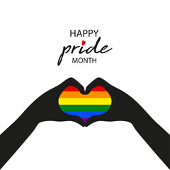 Happy Pride Month, Two hands forming a LGBTQIA heart shape, Gay Pride Banner with LGBT Rainbow Flag sign. Colorful design element frame border vector isolated on white background