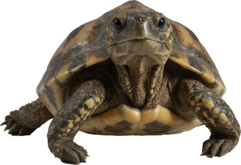 A charming turtle with a striking brown and yellow patterned shell, attentive eyes, and extended front legs, perfectly captured on a transparent background.