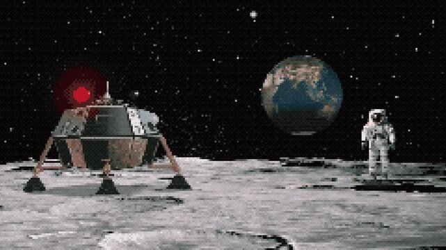 Pixel space background in 4K. 8-bit background from the surface of the moon with a view of the planet earth. Mosaic animation of an astronaut with a spaceship on the moon. Looping animation.