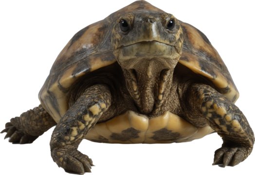 A charming turtle with a striking brown and yellow patterned shell, attentive eyes, and extended front legs, perfectly captured on a transparent background.