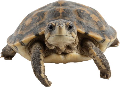 A charming turtle with a striking brown and yellow patterned shell, attentive eyes, and extended front legs, perfectly captured on a transparent background.
