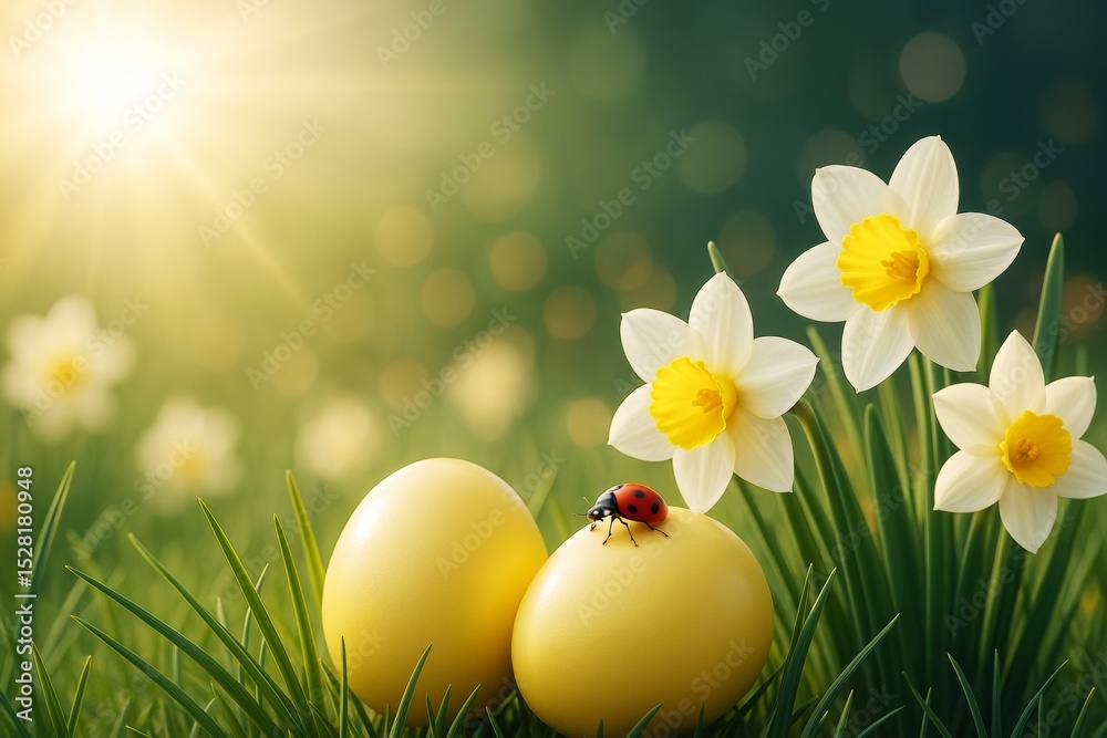 Aufkleber yellow easter eggs and white daffodil flowers on fresh grass with a ladybug in sunlight and blurred 