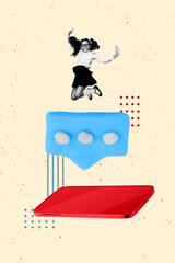 Trend artwork sketch design collage of smartphone touchscreen message young girl jump smile academic AI technology study homework digital