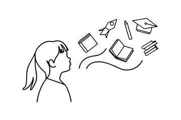Child thinking about education and exploring ideas depicted by simple black and white illustrations
