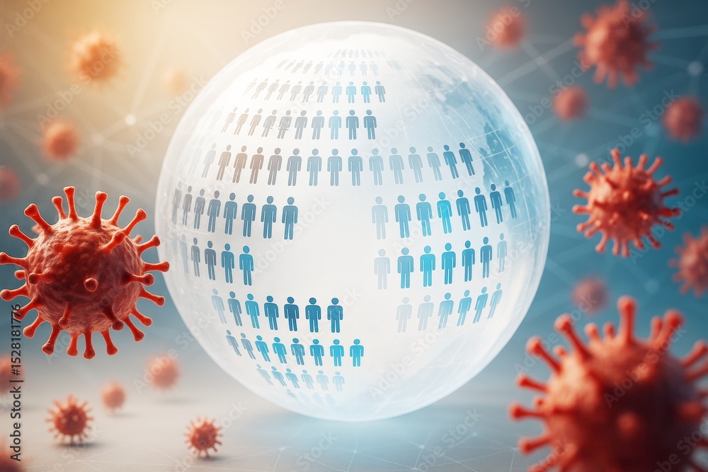 Aufkleber virus particles surrounding a glass globe with human icons symbolizing population and infection spre