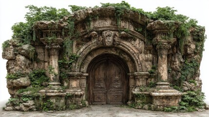 An old stone archway entrance is covered in lush green vegetation outside.