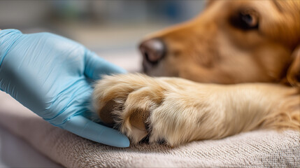 Veterinarian wearing blue gloves gently holds a golden retriever paw, showcasing a comforting and empathetic moment in animal care. Image made using Generative AI.