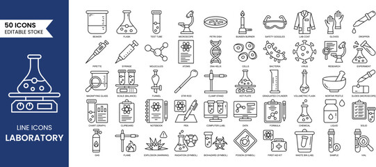 Laboratory line editable icon set. Containing experiment, test tube, microscope, lab, flask, chemical, biology, research and more. Vector illustration