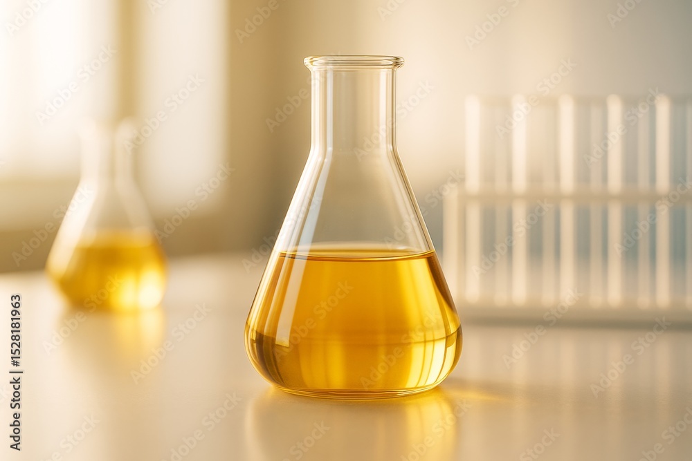 Poster Laboratory flask filled with yellow liquid on bright background in soft light, symbolizing science and innovation concept. Ai generative.