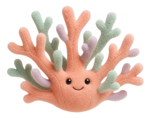 A plush, colorful coral toy with a smiling face and soft textured branches in pastel shades of orange, green, and purple on transparent background.