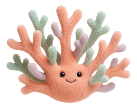 A plush, colorful coral toy with a smiling face and soft textured branches in pastel shades of orange, green, and purple on transparent background. - Powered by Adobe